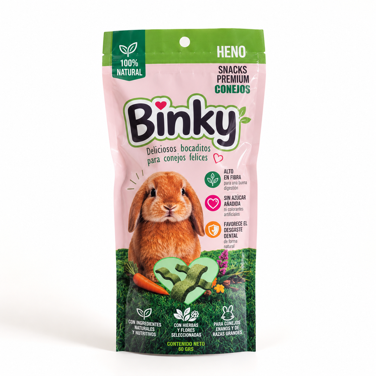 Binky Snacks Premium para Conejos – Heno con Hierbas y Flores 60 g
