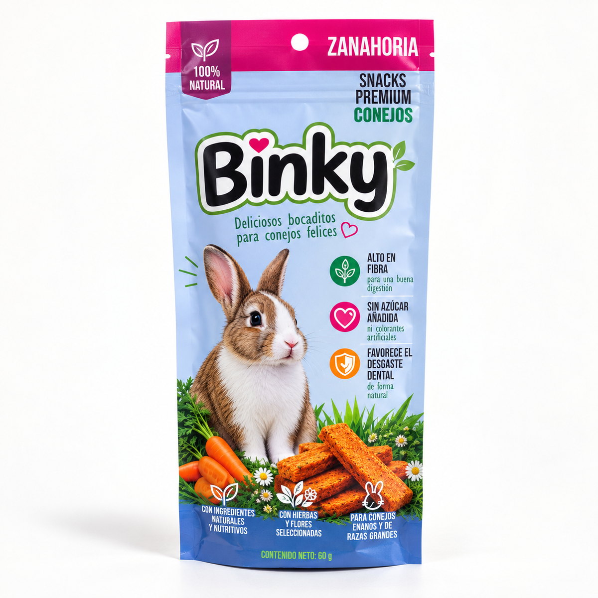 Binky Snacks Premium de Zanahoria para Conejos – 60 g